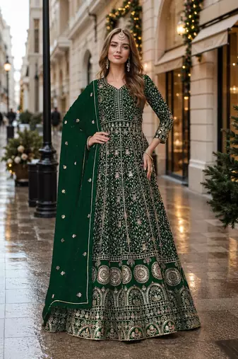Green embroidered faux georgette semi stitched anarkali suit