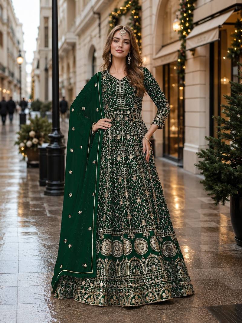 Green embroidered faux georgette semi stitched anarkali suit
