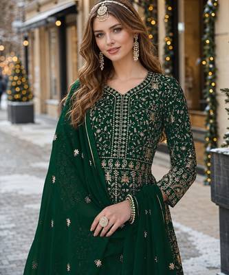 Green embroidered faux georgette semi stitched anarkali suit 2