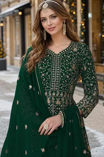 Green embroidered faux georgette semi stitched anarkali suit