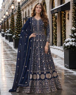 Navy blue embroidered faux georgette semi stitched anarkali suit 1