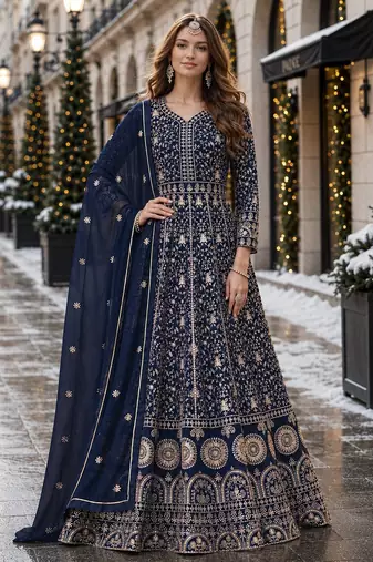 Navy blue embroidered faux georgette semi stitched anarkali suit