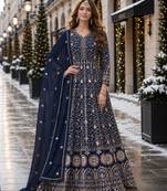 Navy blue embroidered faux georgette semi stitched anarkali suit