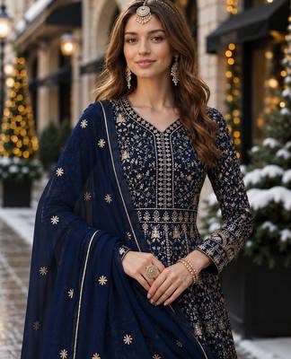 Navy blue embroidered faux georgette semi stitched anarkali suit 2