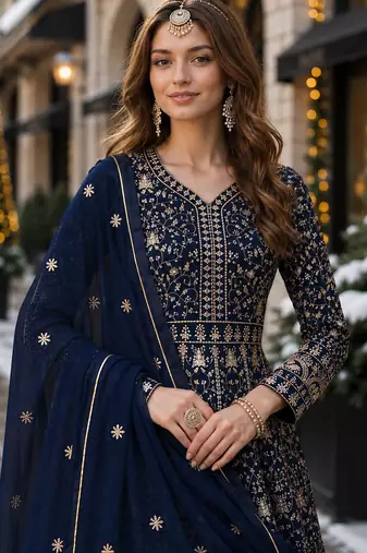 Navy blue embroidered faux georgette semi stitched anarkali suit