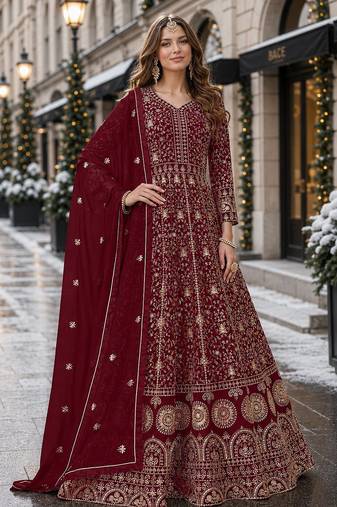 Maroon embroidered faux georgette semi stitched anarkali suit