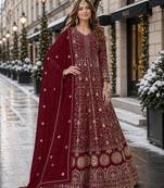 Maroon embroidered faux georgette semi stitched anarkali suit