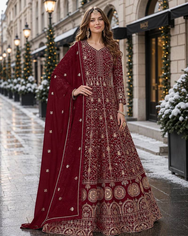 Maroon embroidered faux georgette semi stitched anarkali suit
