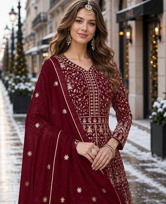Maroon embroidered faux georgette semi stitched anarkali suit 2