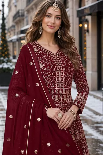 Maroon embroidered faux georgette semi stitched anarkali suit