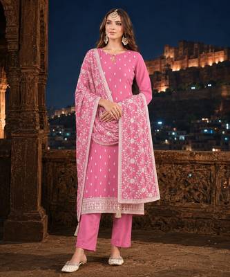 Pink embroidered faux georgette semi stitched salwar suit 1
