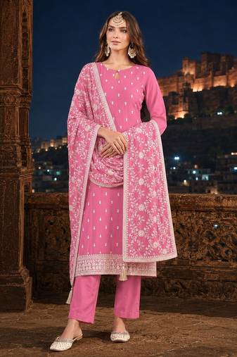 Pink embroidered faux georgette semi stitched salwar suit
