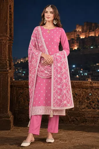 Pink embroidered faux georgette semi stitched salwar suit