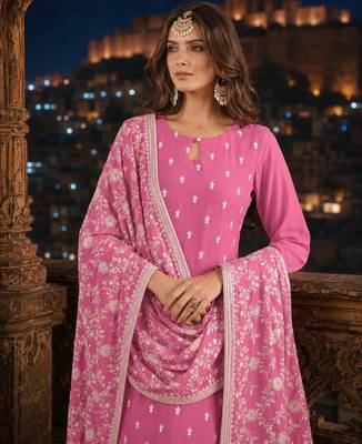Pink embroidered faux georgette semi stitched salwar suit 2