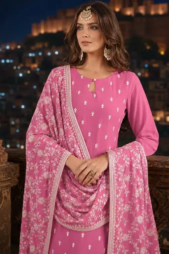 Pink embroidered faux georgette semi stitched salwar suit