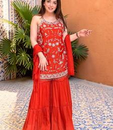 Women Floral Embroidered Regular Thread Work Silk Chiffon Kurta with Sharara & With Dupatta