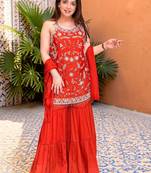 Women Floral Embroidered Regular Thread Work Silk Chiffon Kurta with Sharara & With Dupatta