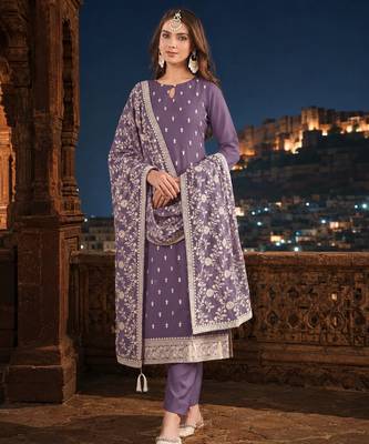 Lavender embroidered faux georgette semi stitched salwar suit 1