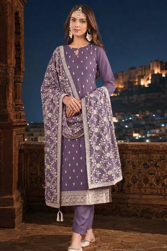 Lavender embroidered faux georgette semi stitched salwar suit