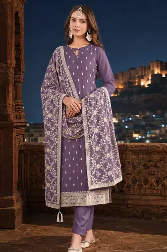 Lavender embroidered faux georgette semi stitched salwar suit