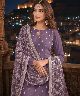 Lavender embroidered faux georgette semi stitched salwar suit 2
