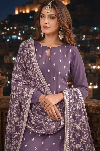 Lavender embroidered faux georgette semi stitched salwar suit