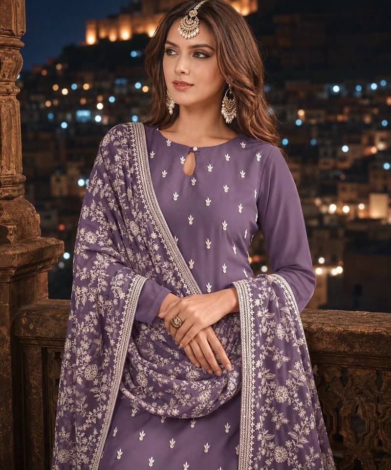 Lavender embroidered faux georgette semi stitched salwar suit