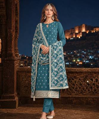 Teal embroidered faux georgette semi stitched salwar suit 1