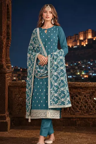 Teal embroidered faux georgette semi stitched salwar suit