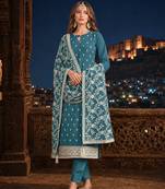 Teal embroidered faux georgette semi stitched salwar suit