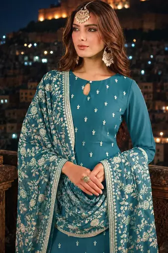 Teal embroidered faux georgette semi stitched salwar suit