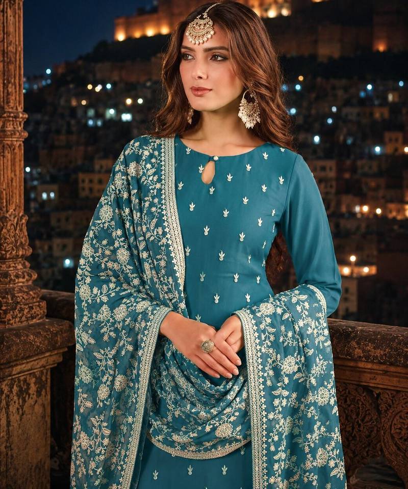 Teal embroidered faux georgette semi stitched salwar suit