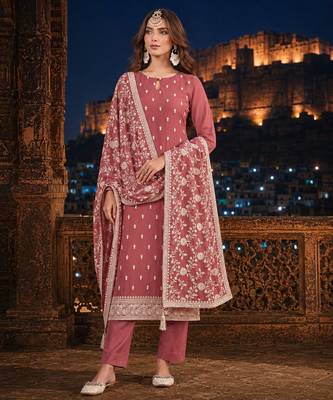 Brown embroidered faux georgette semi stitched salwar suit 1