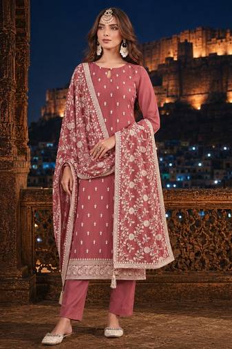 Brown embroidered faux georgette semi stitched salwar suit