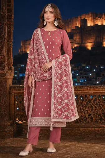 Brown embroidered faux georgette semi stitched salwar suit