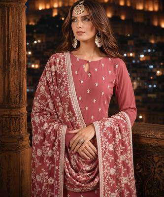Brown embroidered faux georgette semi stitched salwar suit 2