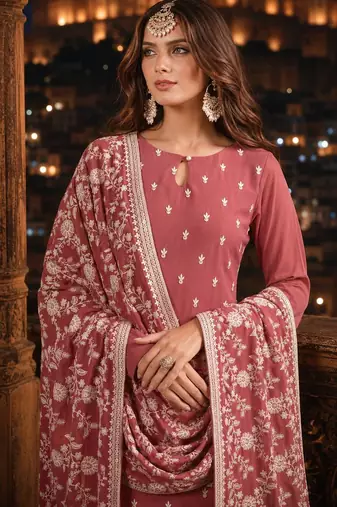Brown embroidered faux georgette semi stitched salwar suit