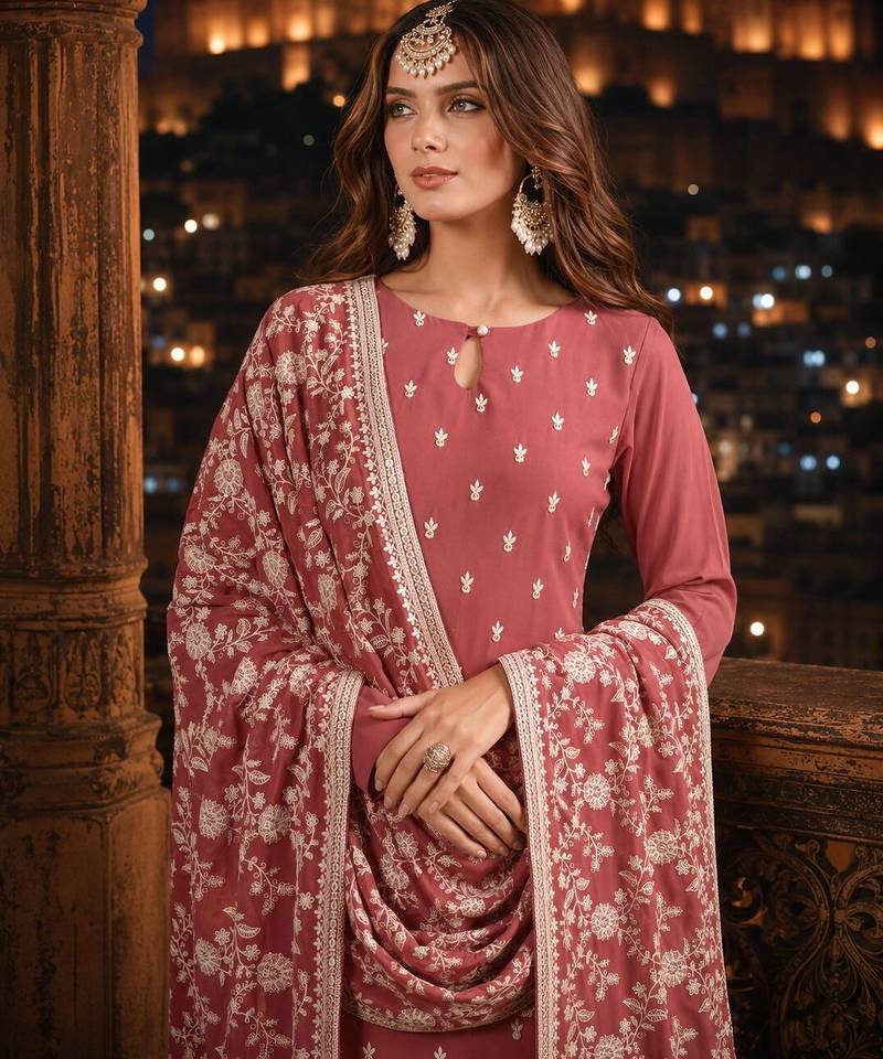 Brown embroidered faux georgette semi stitched salwar suit