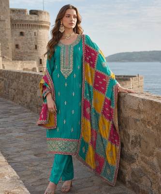 Blue embroidered soft organza semi stitched salwar suit 1