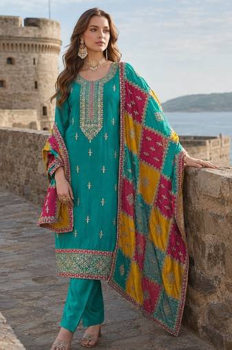 Blue embroidered soft organza semi stitched salwar suit