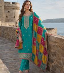 Blue embroidered soft organza semi stitched salwar suit