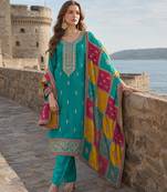 Blue embroidered soft organza semi stitched salwar suit