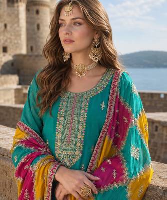 Blue embroidered soft organza semi stitched salwar suit 2