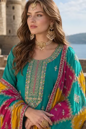 Blue embroidered soft organza semi stitched salwar suit