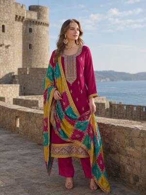 Wine embroidered soft organza semi stitched salwar suit 1