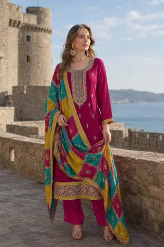 Wine embroidered soft organza semi stitched salwar suit