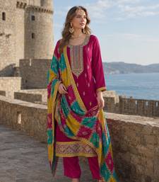Wine embroidered soft organza semi stitched salwar suit