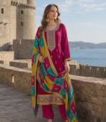 Wine embroidered soft organza semi stitched salwar suit