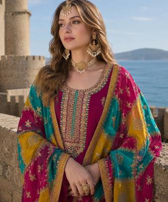 Wine embroidered soft organza semi stitched salwar suit 2