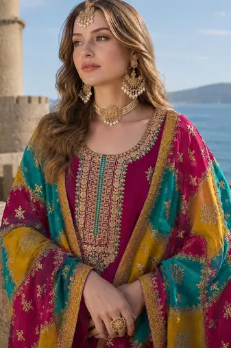 Wine embroidered soft organza semi stitched salwar suit